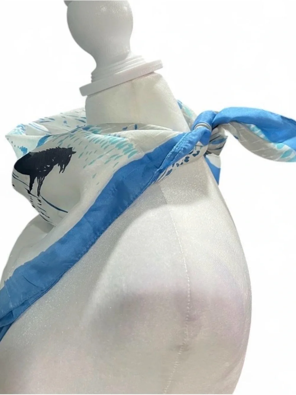 Scenic Horse Print Silk Scarf in Blues and Greys